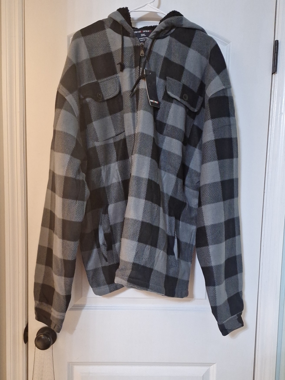 Men's Black & Gray Plaid Hooded Shirt Jacket